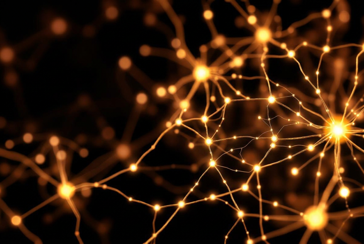 Abstract visualization of glowing neural network pathways in cyan and blue on black